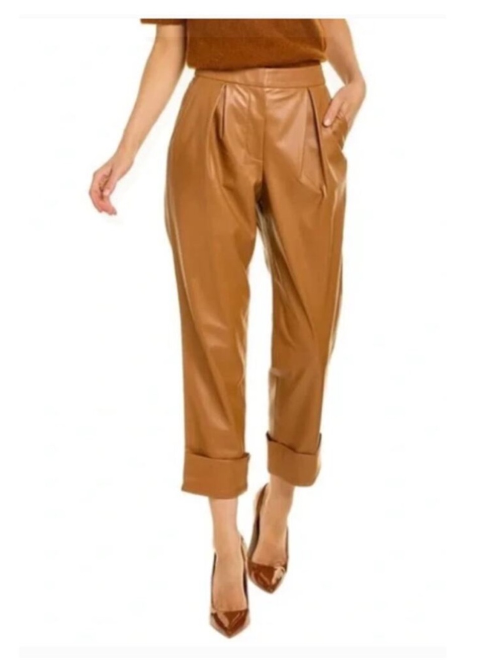 Trina Turk Gilded Pant Faux Leather Cuffed Pleated Nutmeg Brown 10 NWT